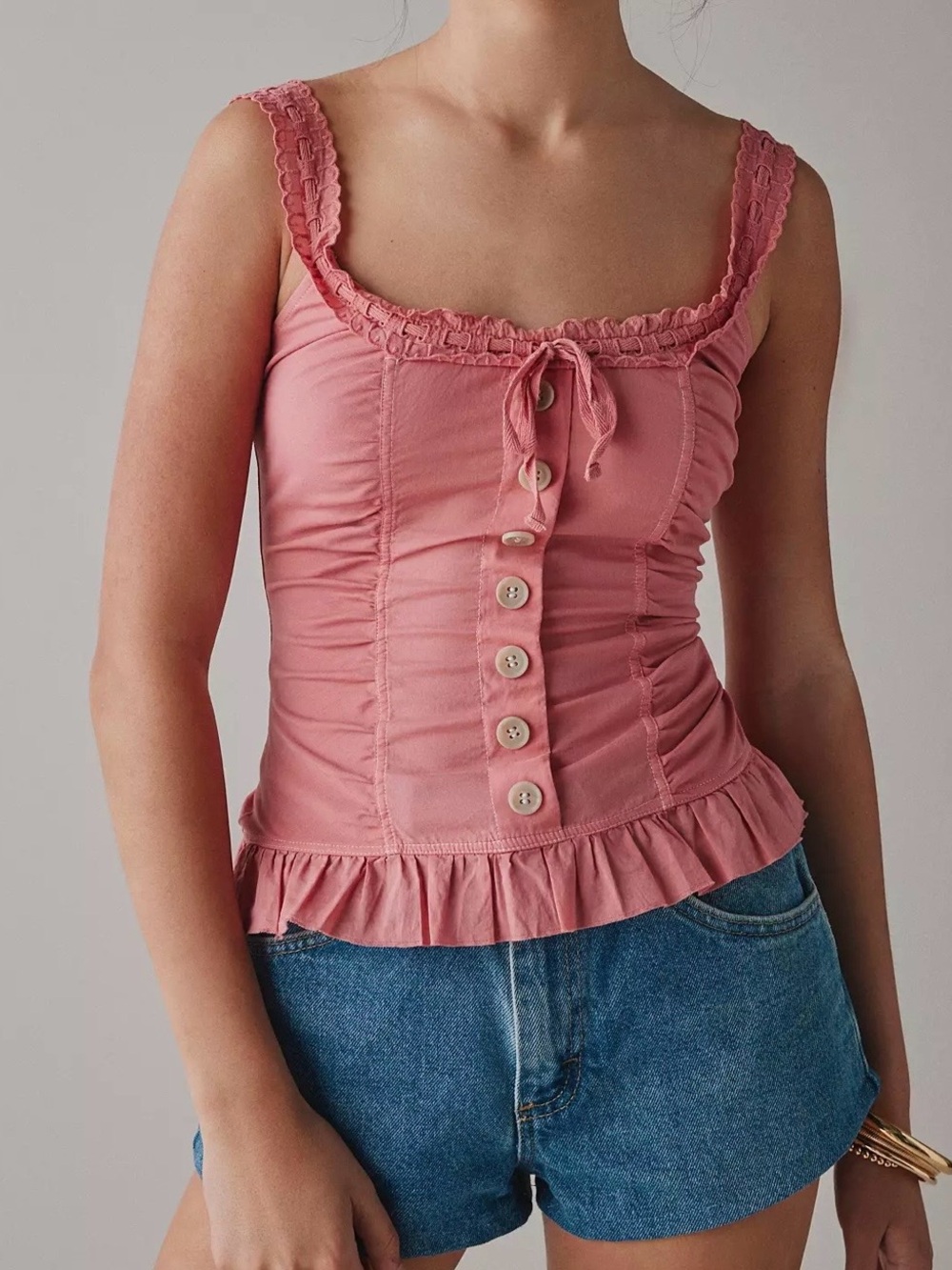 Womens Pink Ruffle Button-Front Tank Top